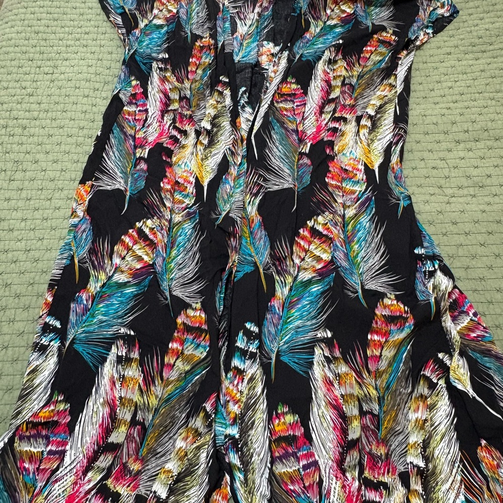 Black Mid-calf Duster Multicolor Feather Print
